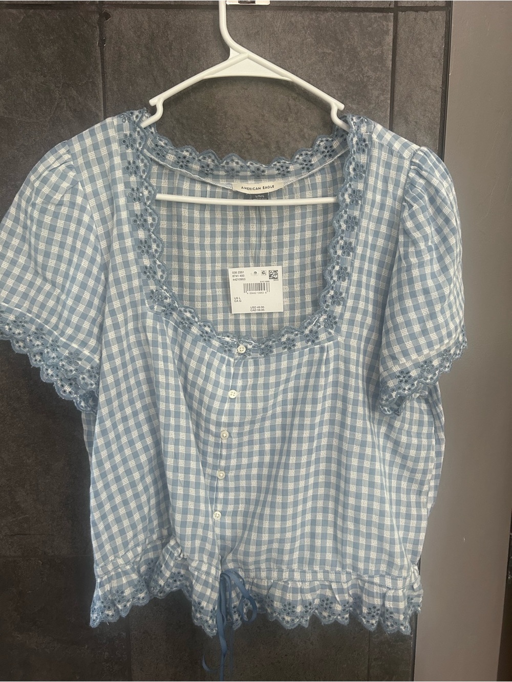 American Eagle Outfitters Light Blue Gingham Lace-Trim Button Front Top